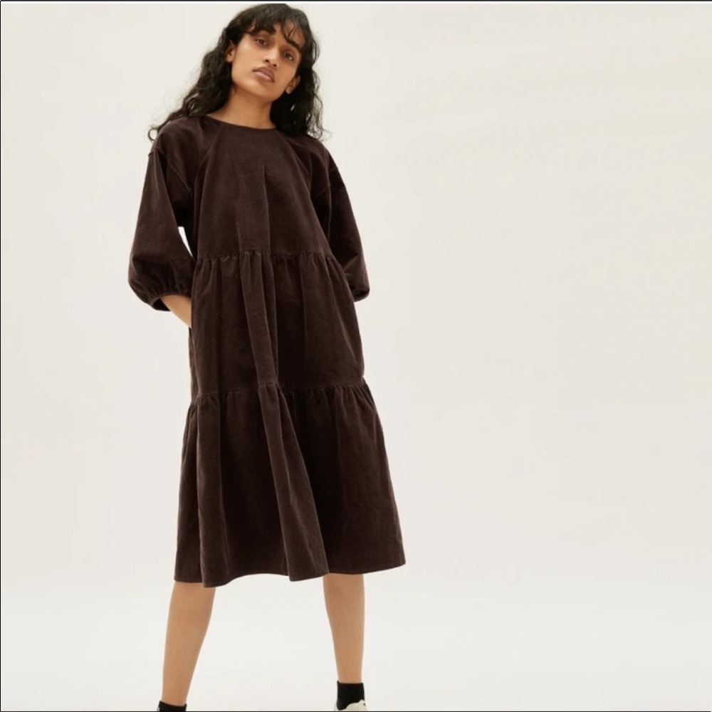 NWT XS Everlane Brown Corduroy Tiered Dress